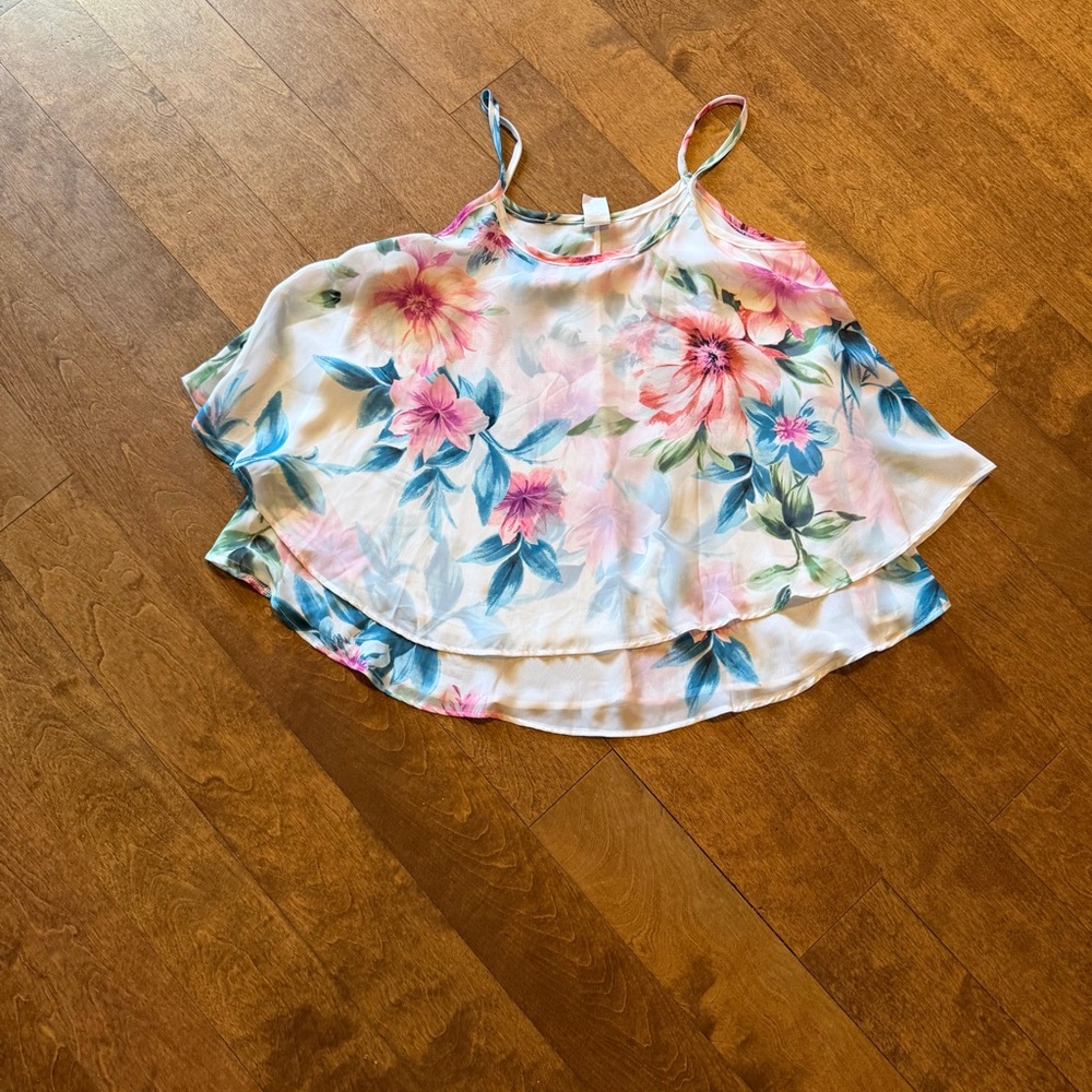 Floral Double-Layer Spaghetti Strap Tank - Pink & Teal